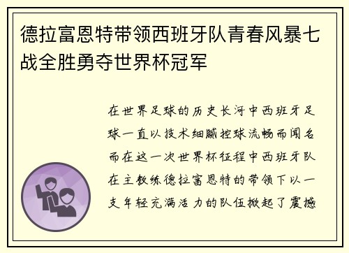德拉富恩特带领西班牙队青春风暴七战全胜勇夺世界杯冠军